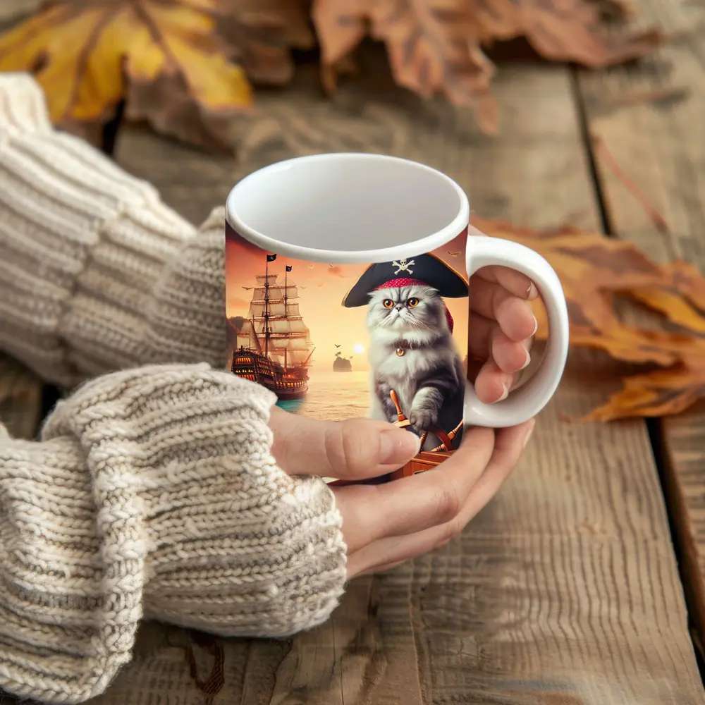 Persian Cat Pirate Ship Sunset Ocean – Mugs