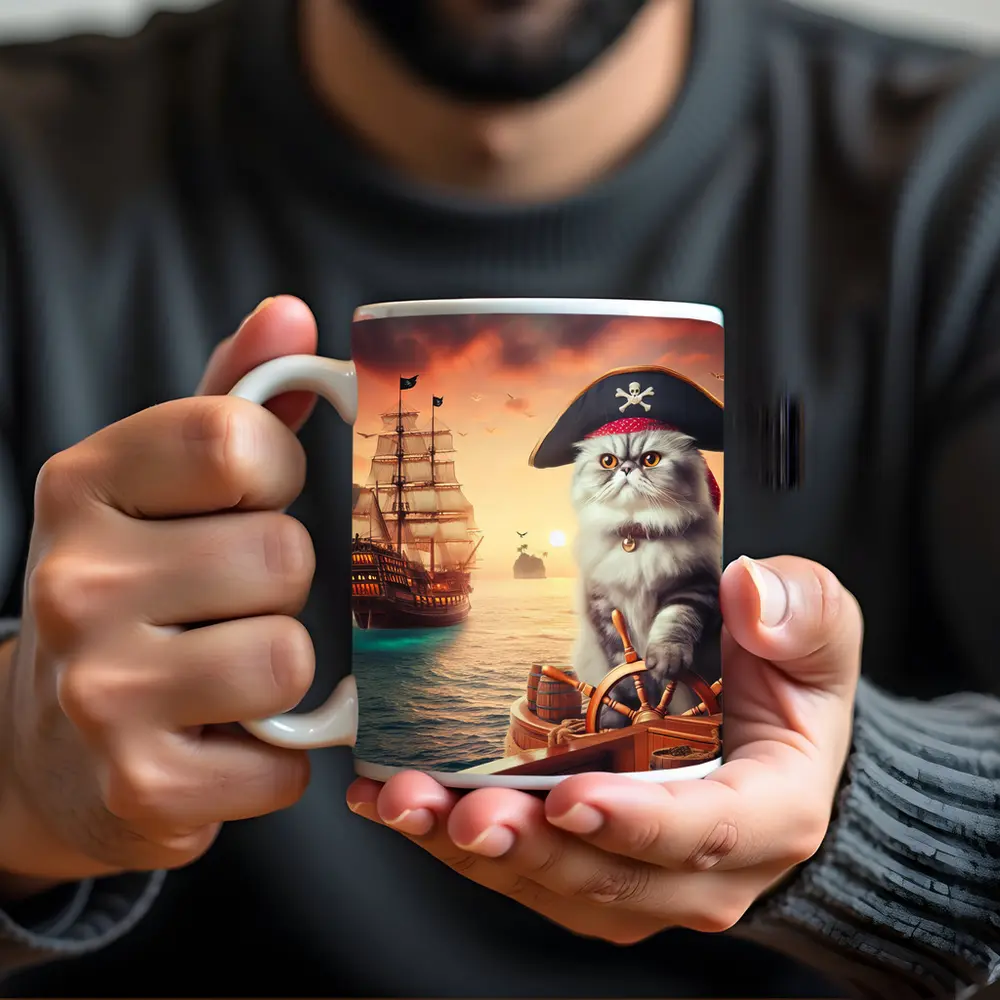 Persian Cat Pirate Ship Sunset Ocean – Mugs