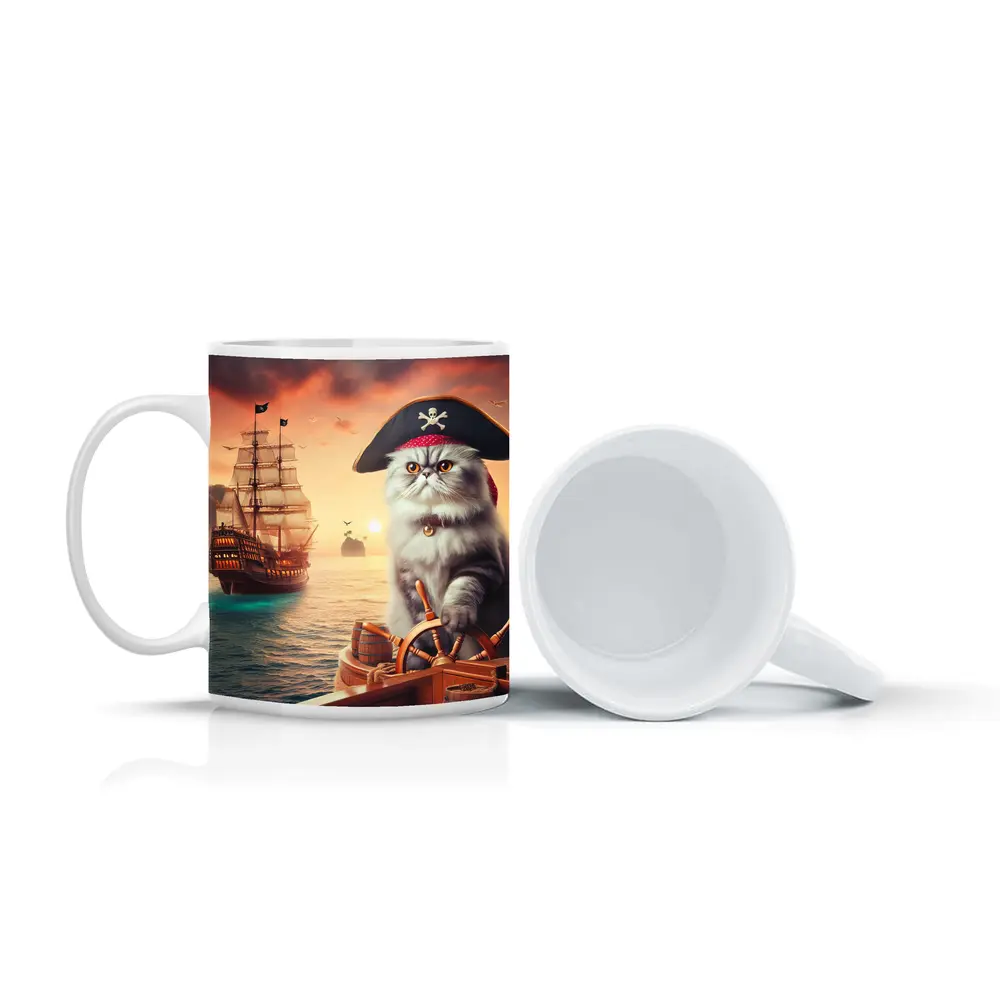 Persian Cat Pirate Ship Sunset Ocean – Mugs