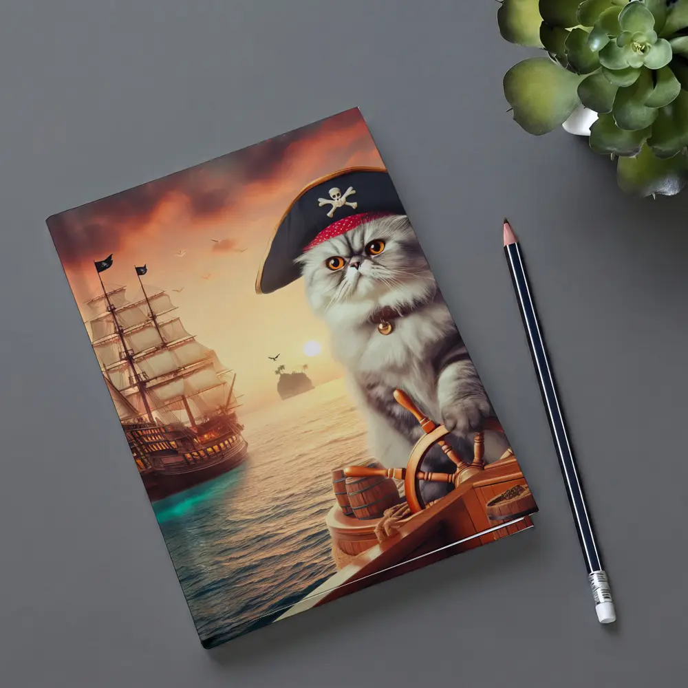 Persian Cat Pirate Ship Sunset Ocean – Notebooks