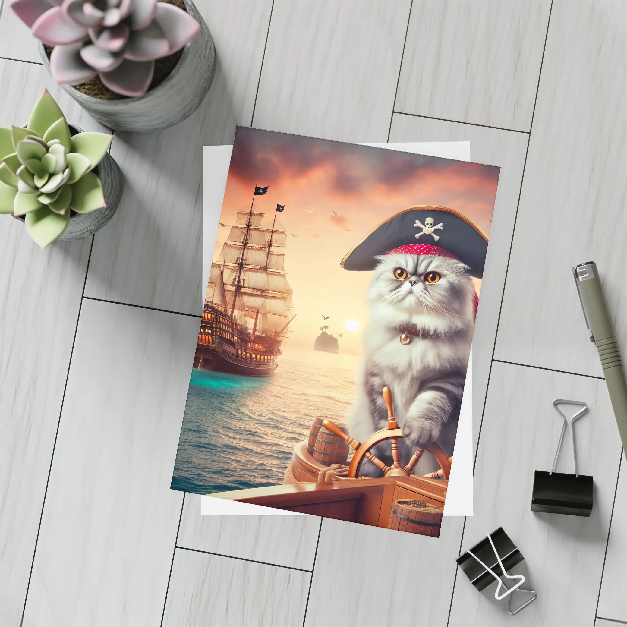 Persian Cat Pirate Ship Sunset Ocean – Postcards