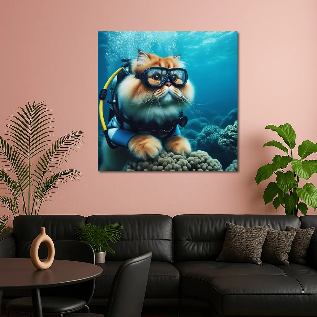 Persian Cat Scuba Diving Underwater Coral Reef – Wall Art