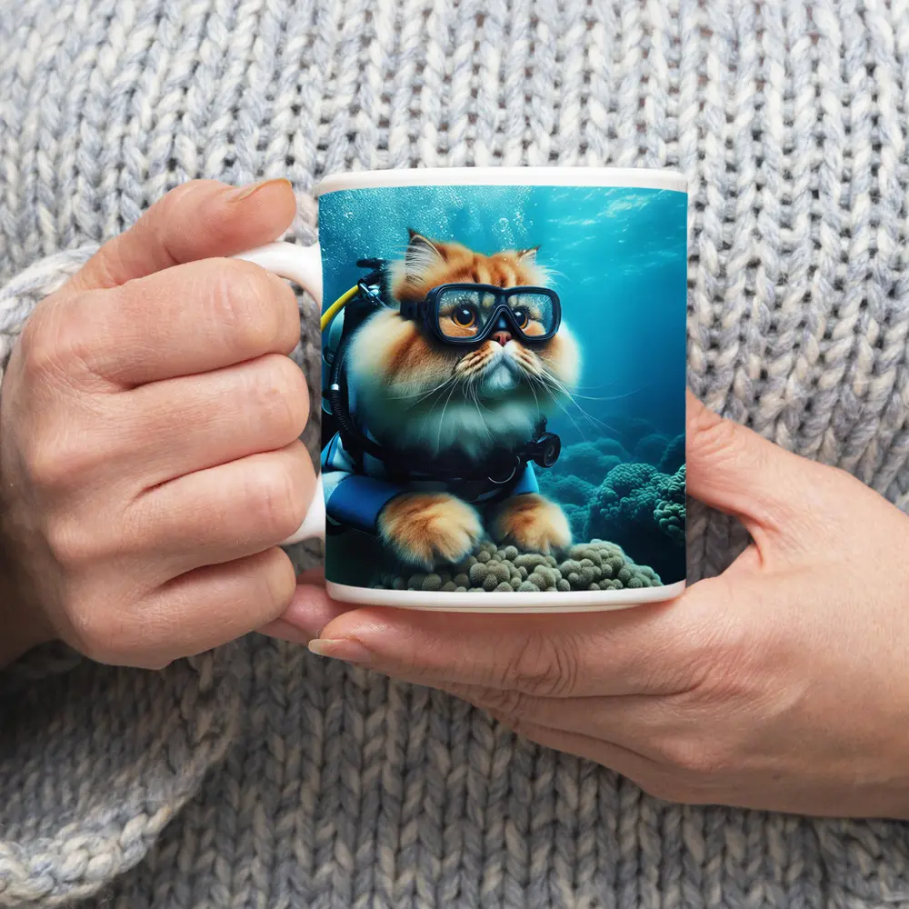 Persian Cat Scuba Diving Underwater Coral Reef – Mugs