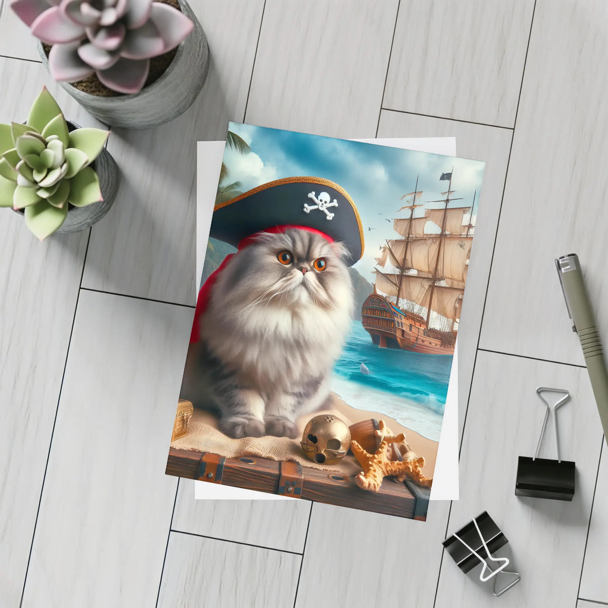 Persian Cat Pirate Hat Tropical Beach Ship – Postcards