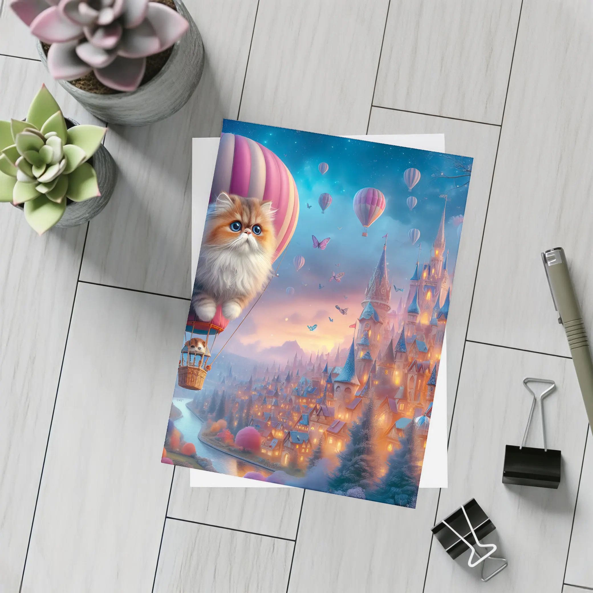 Persian Cat Hot Air Balloon Fantasy Castle – Postcards