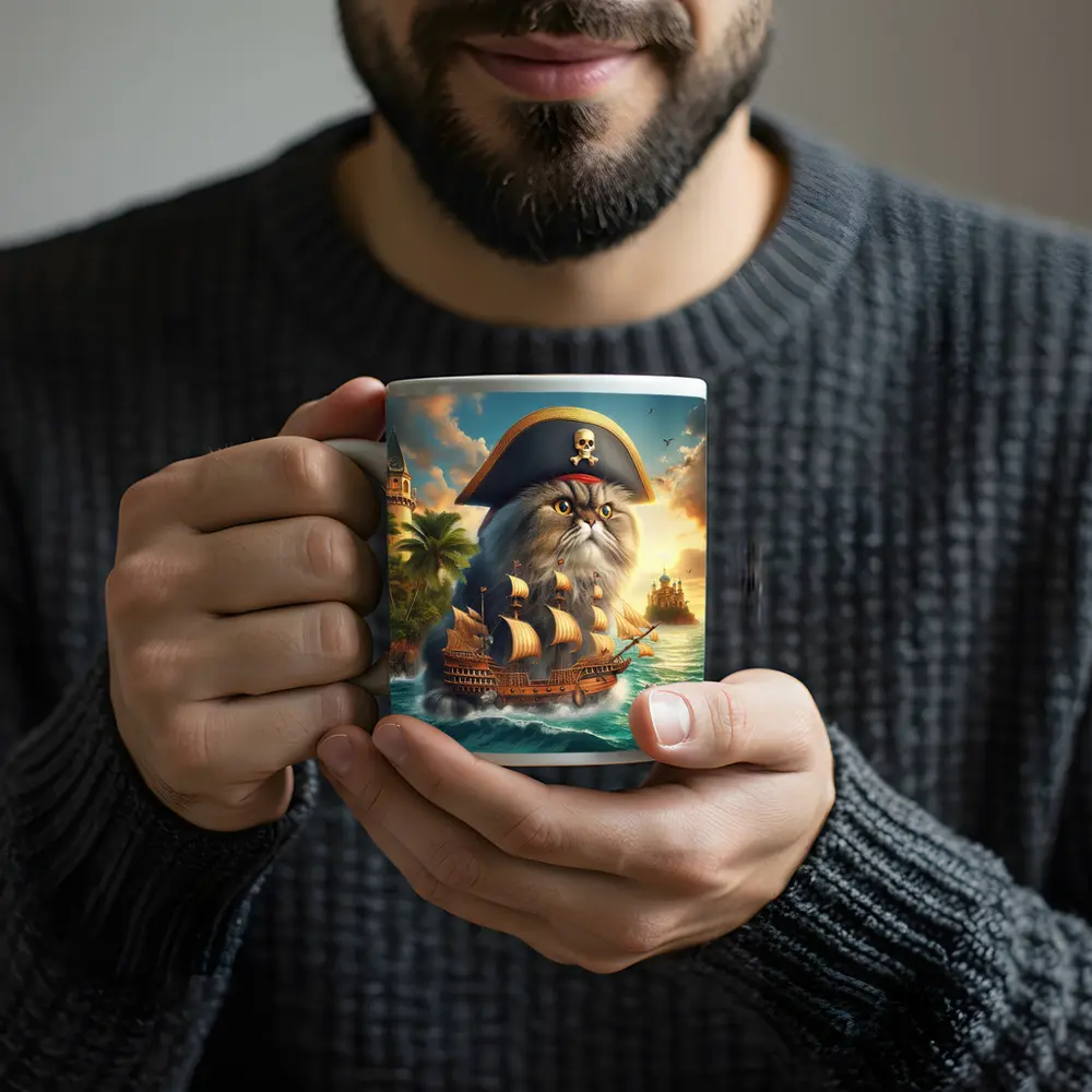 Persian Cat Pirate Captain Sailing Ocean Fantasy – Mugs