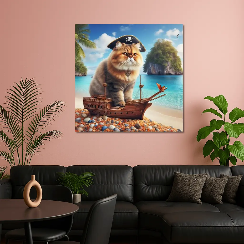 Persian Cat Pirate Ship Tropical Beach – Wall Art