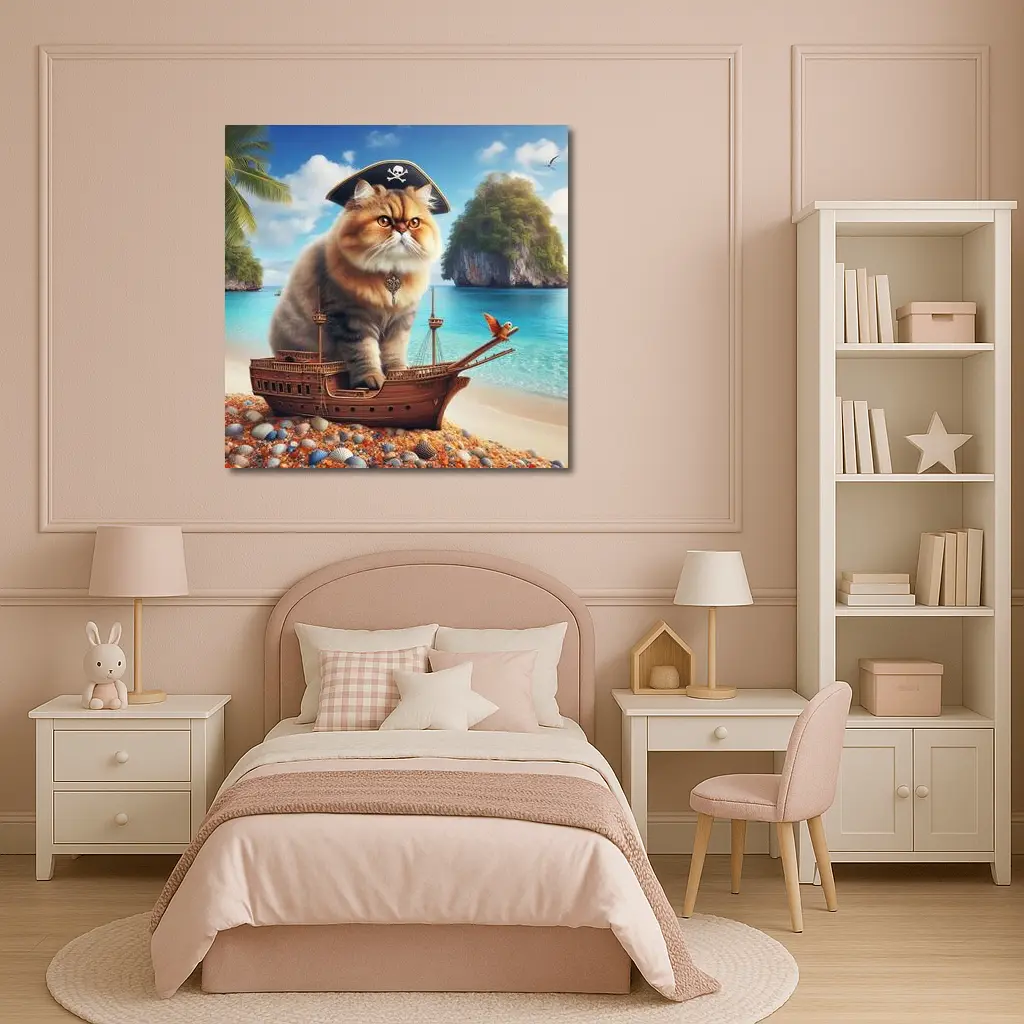 Persian Cat Pirate Ship Tropical Beach – Wall Art