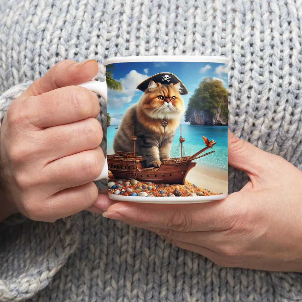 Persian Cat Pirate Ship Tropical Beach – Mugs