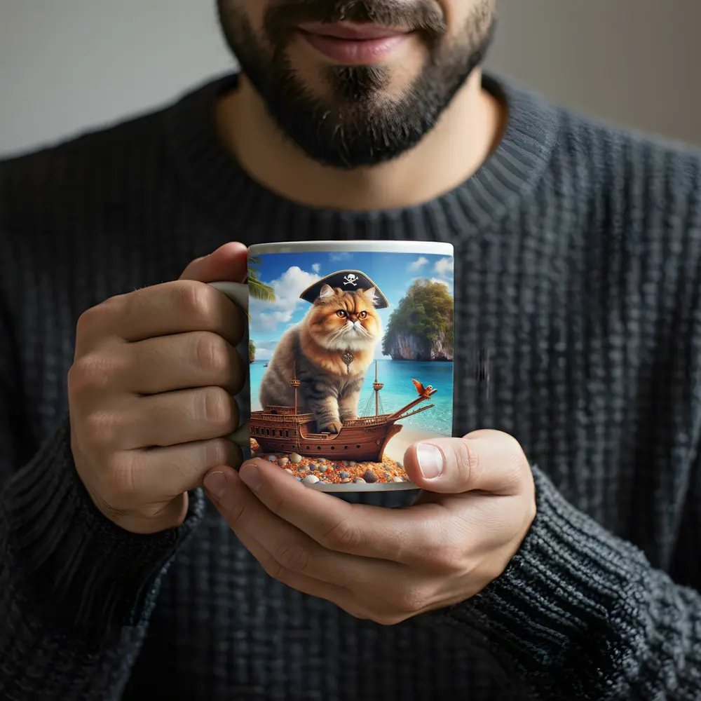Persian Cat Pirate Ship Tropical Beach – Mugs