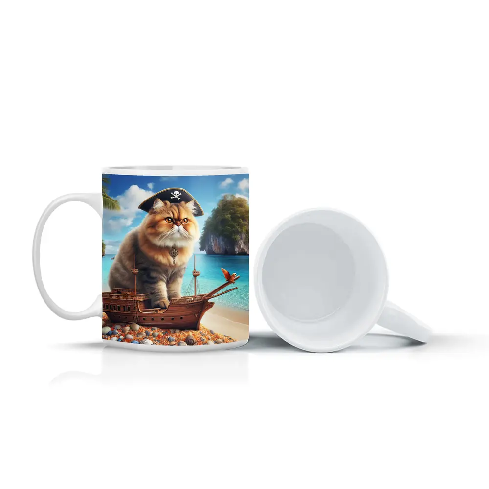Persian Cat Pirate Ship Tropical Beach – Mugs