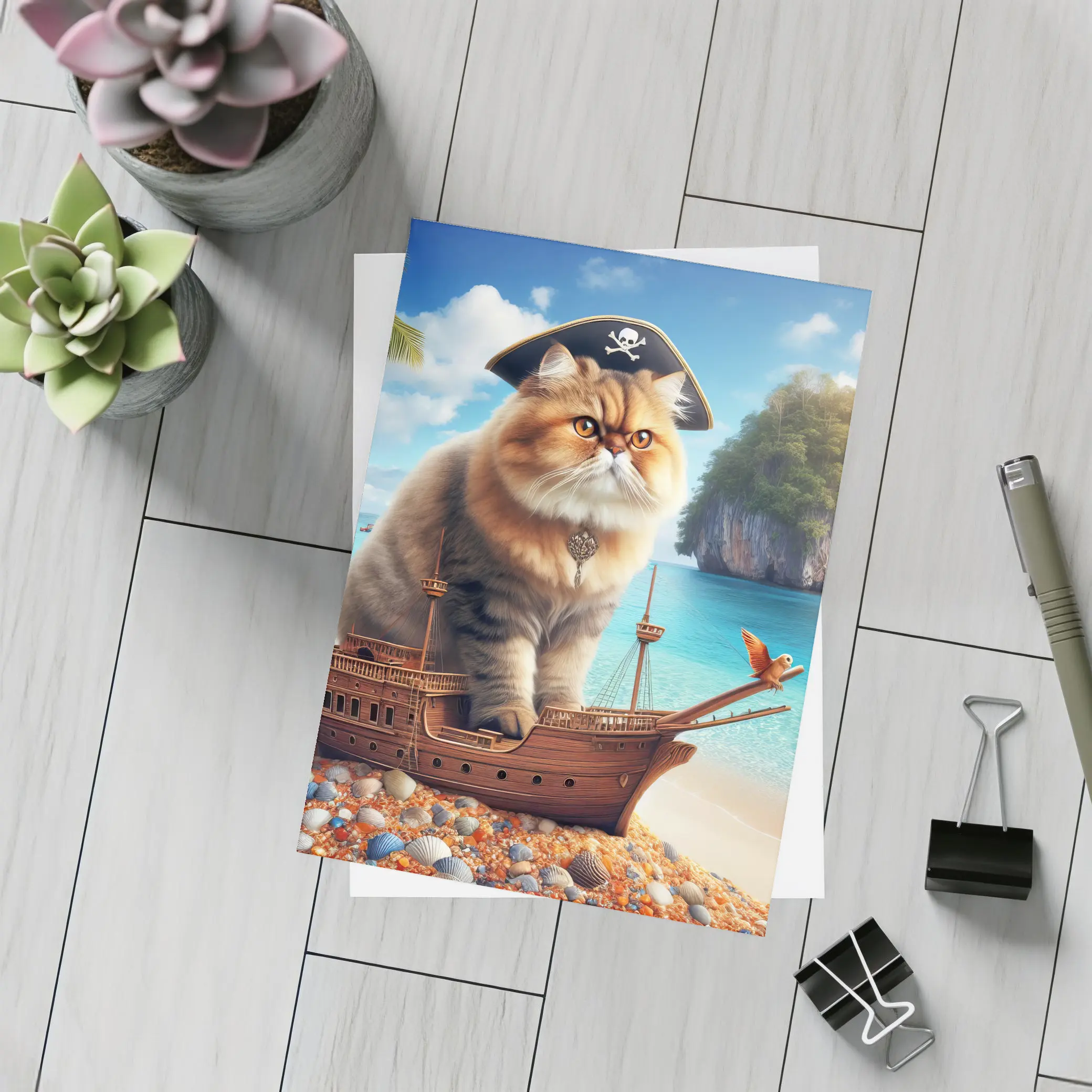 Persian Cat Pirate Ship Tropical Beach – Postcards