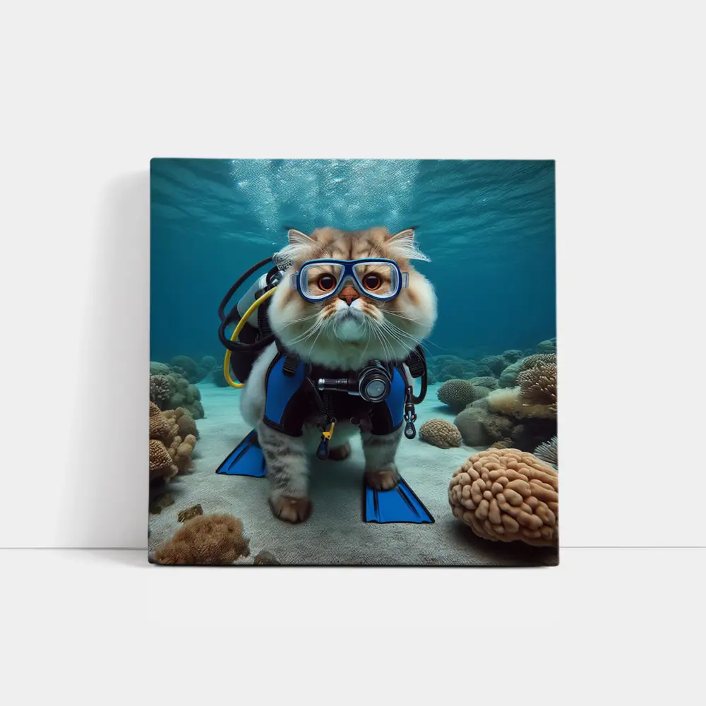 Exotic Shorthair Cat Scuba Diver Underwater Coral – Wall Art