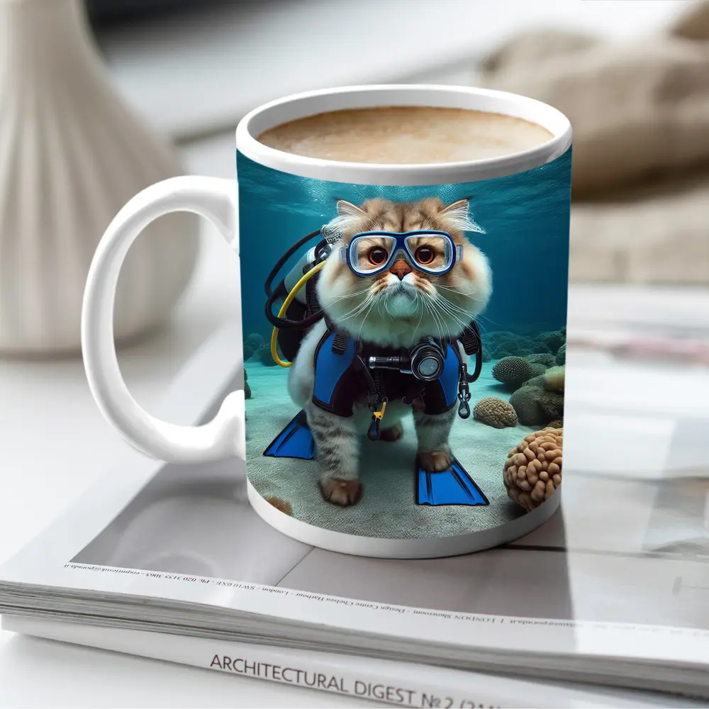 Exotic Shorthair Cat Scuba Diver Underwater Coral – Mugs