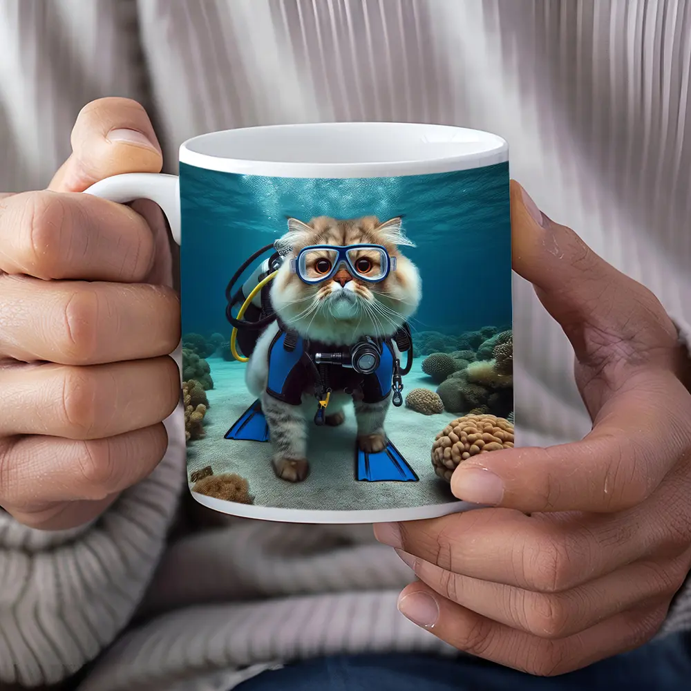 Exotic Shorthair Cat Scuba Diver Underwater Coral – Mugs