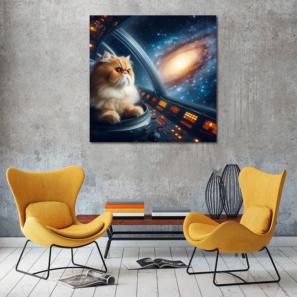 Persian Cat Piloting Spaceship Galaxy Background – Wall Art