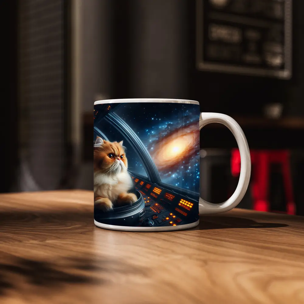 Persian Cat Piloting Spaceship Galaxy Background – Mugs