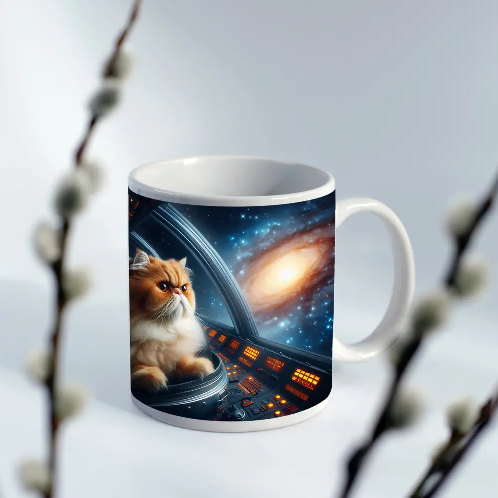 Persian Cat Piloting Spaceship Galaxy Background – Mugs