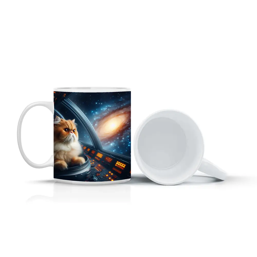 Persian Cat Piloting Spaceship Galaxy Background – Mugs