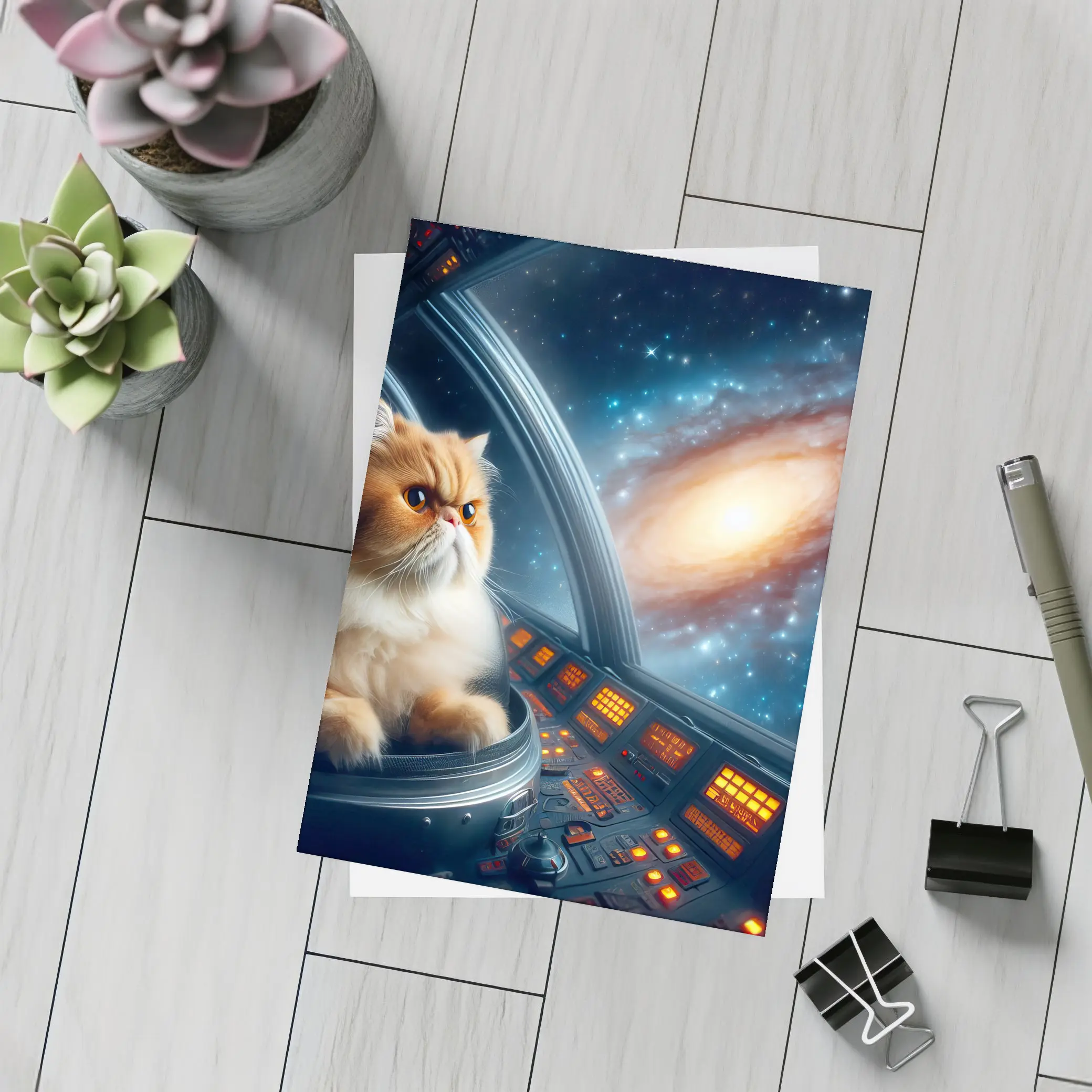Persian Cat Piloting Spaceship Galaxy Background – Postcards