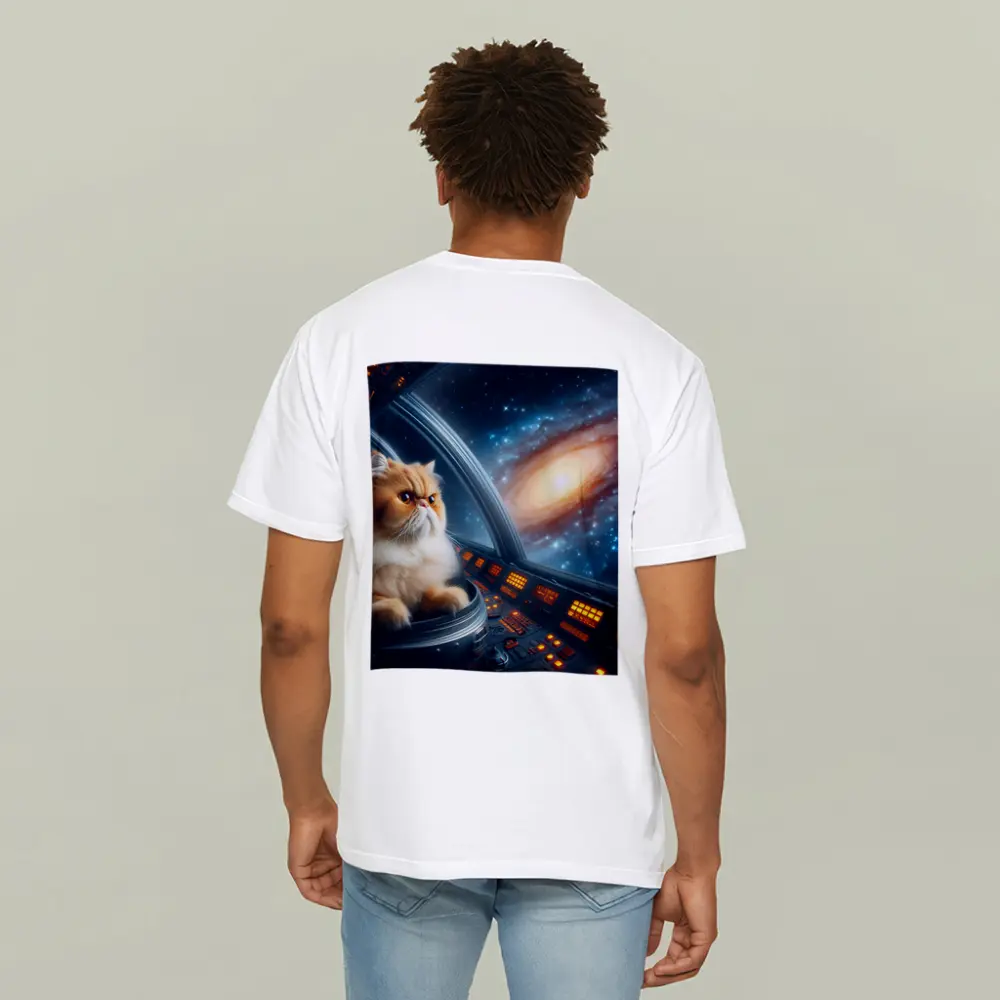 Persian Cat Piloting Spaceship Galaxy Background – T-Shirts