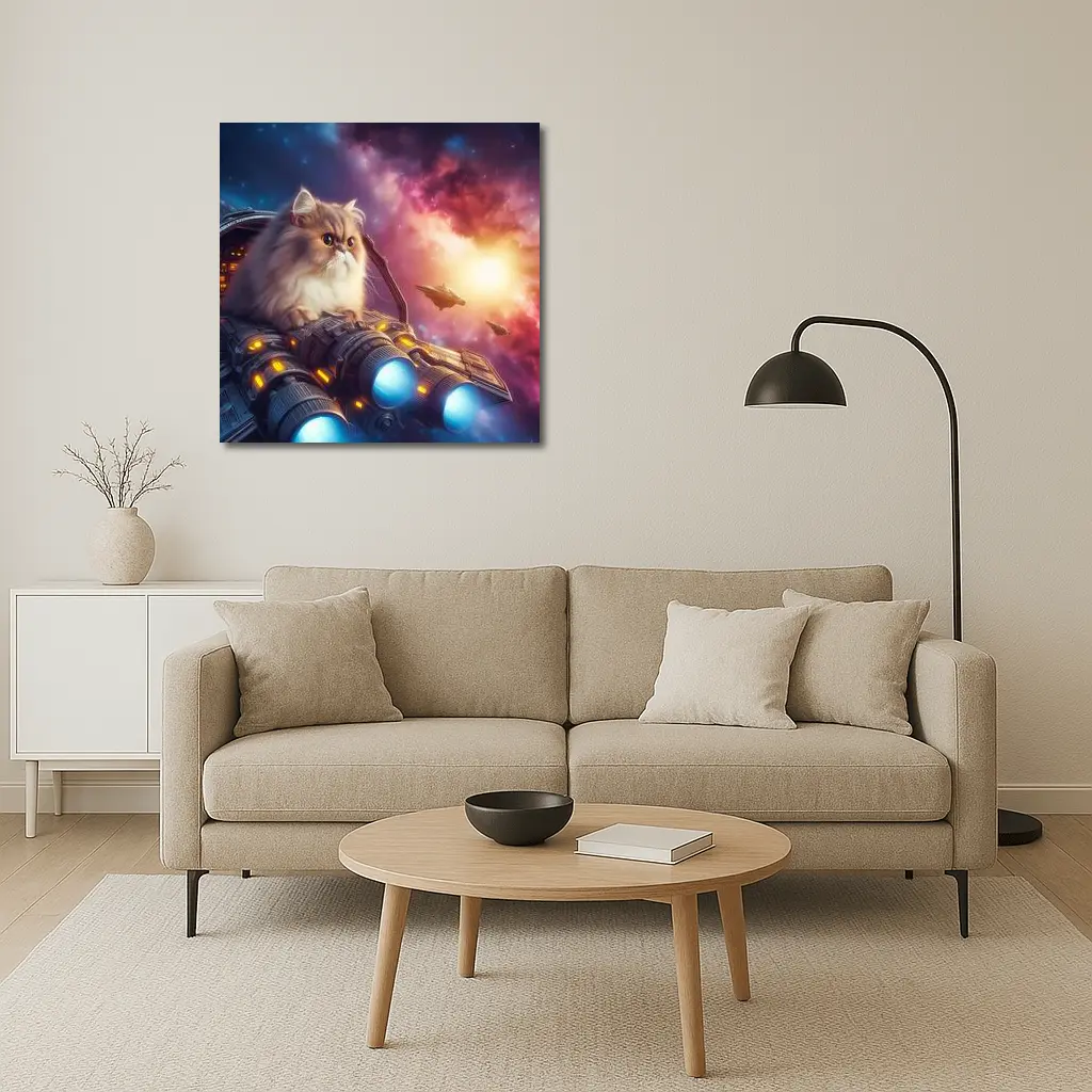 Persian Cat Riding Spaceship Galaxy Background – Wall Art