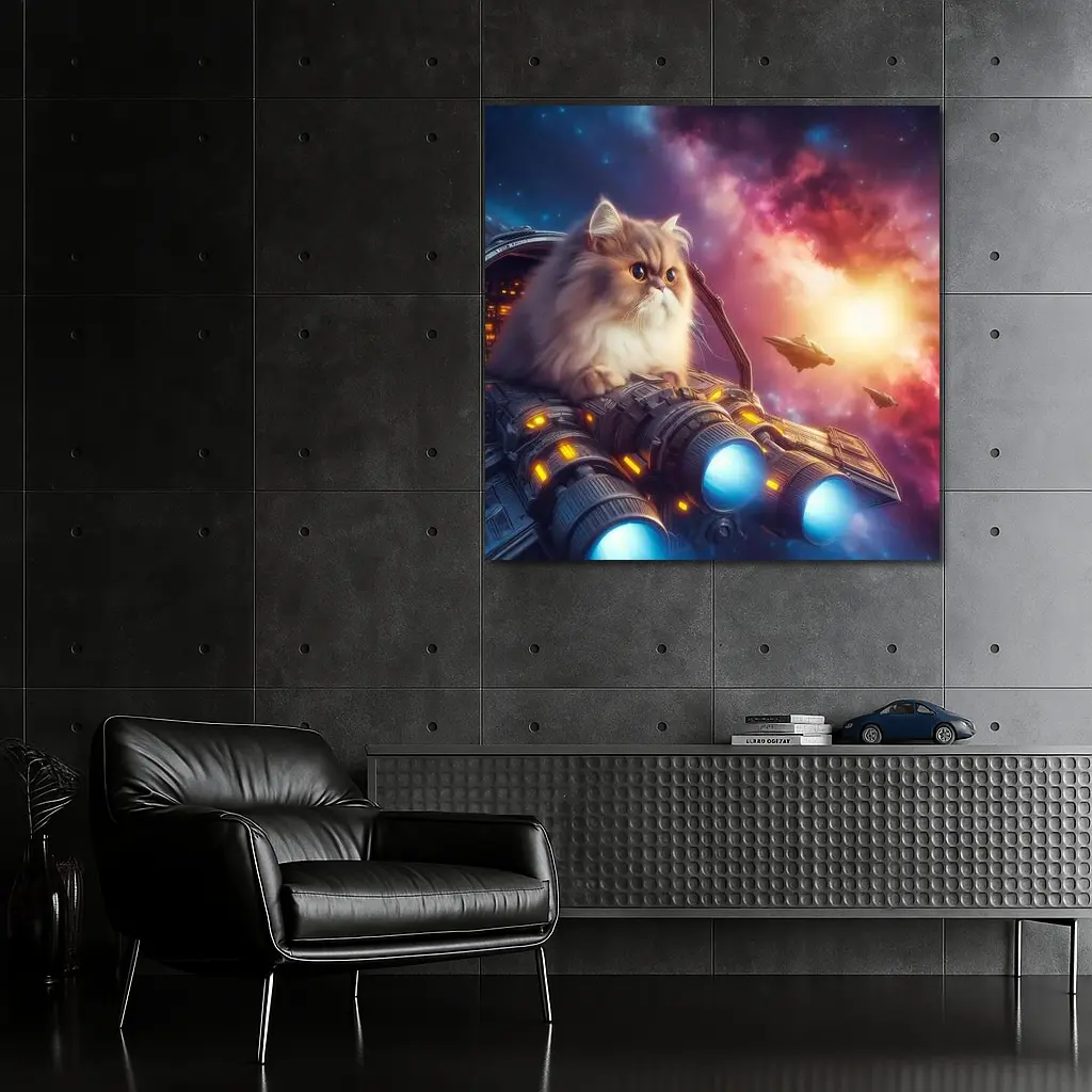 Persian Cat Riding Spaceship Galaxy Background – Wall Art