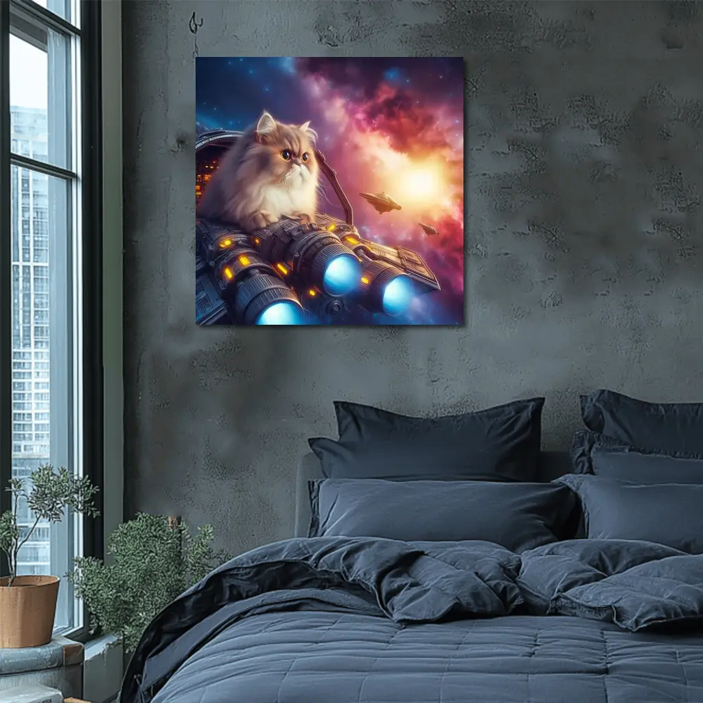 Persian Cat Riding Spaceship Galaxy Background – Wall Art