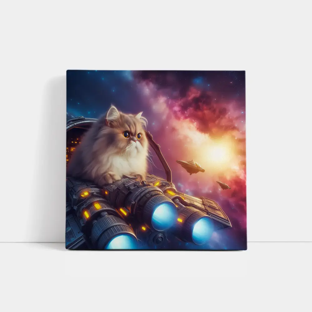 Persian Cat Riding Spaceship Galaxy Background – Wall Art