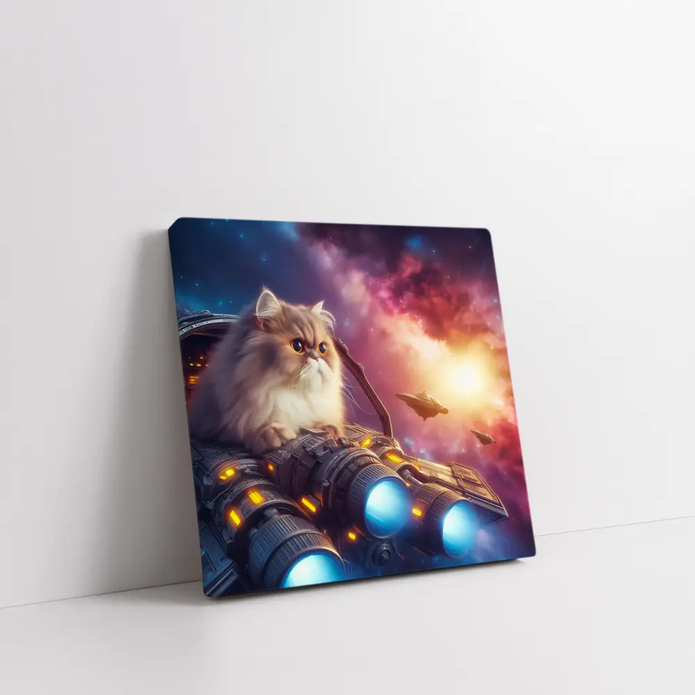 Persian Cat Riding Spaceship Galaxy Background – Wall Art