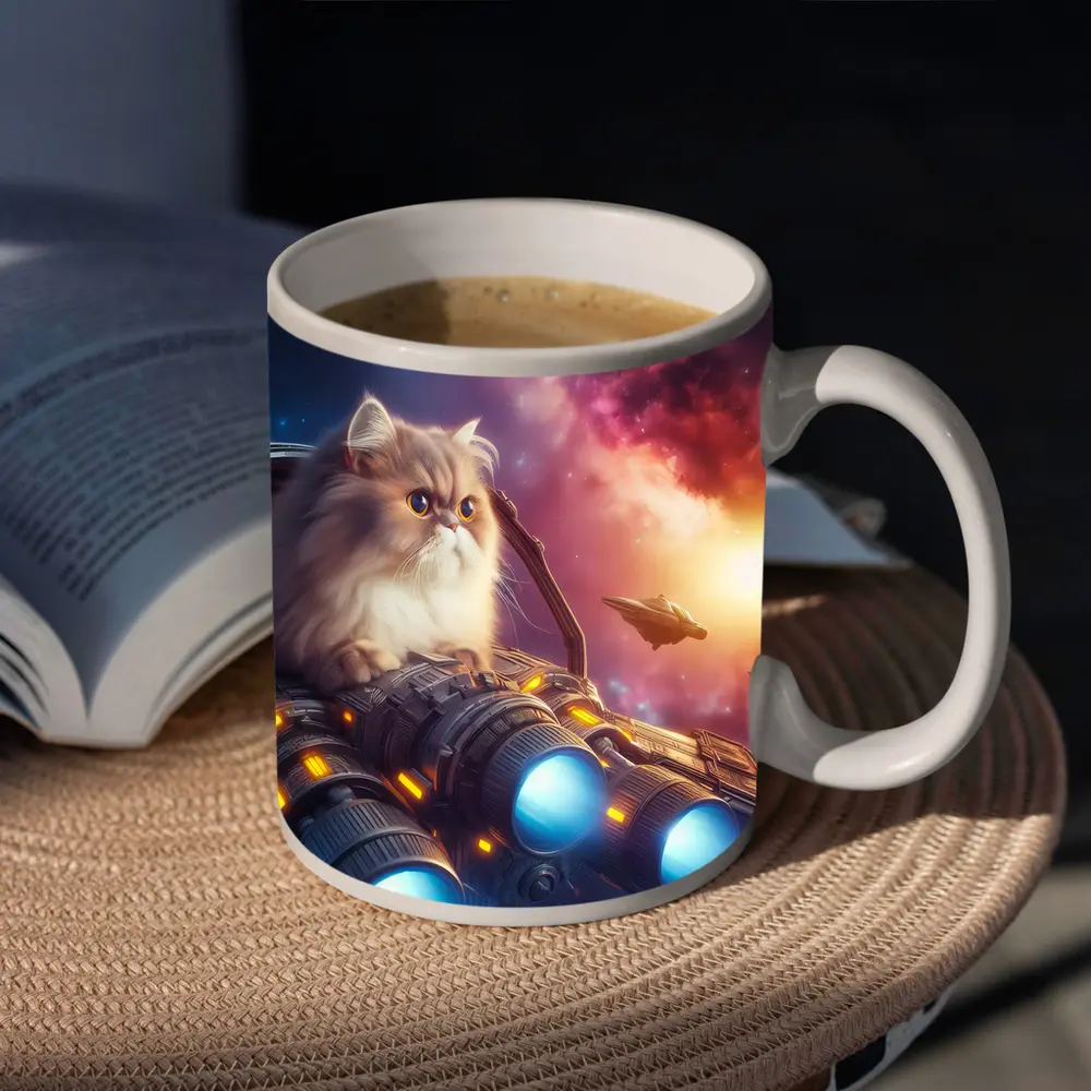 Persian Cat Riding Spaceship Galaxy Background – Mugs