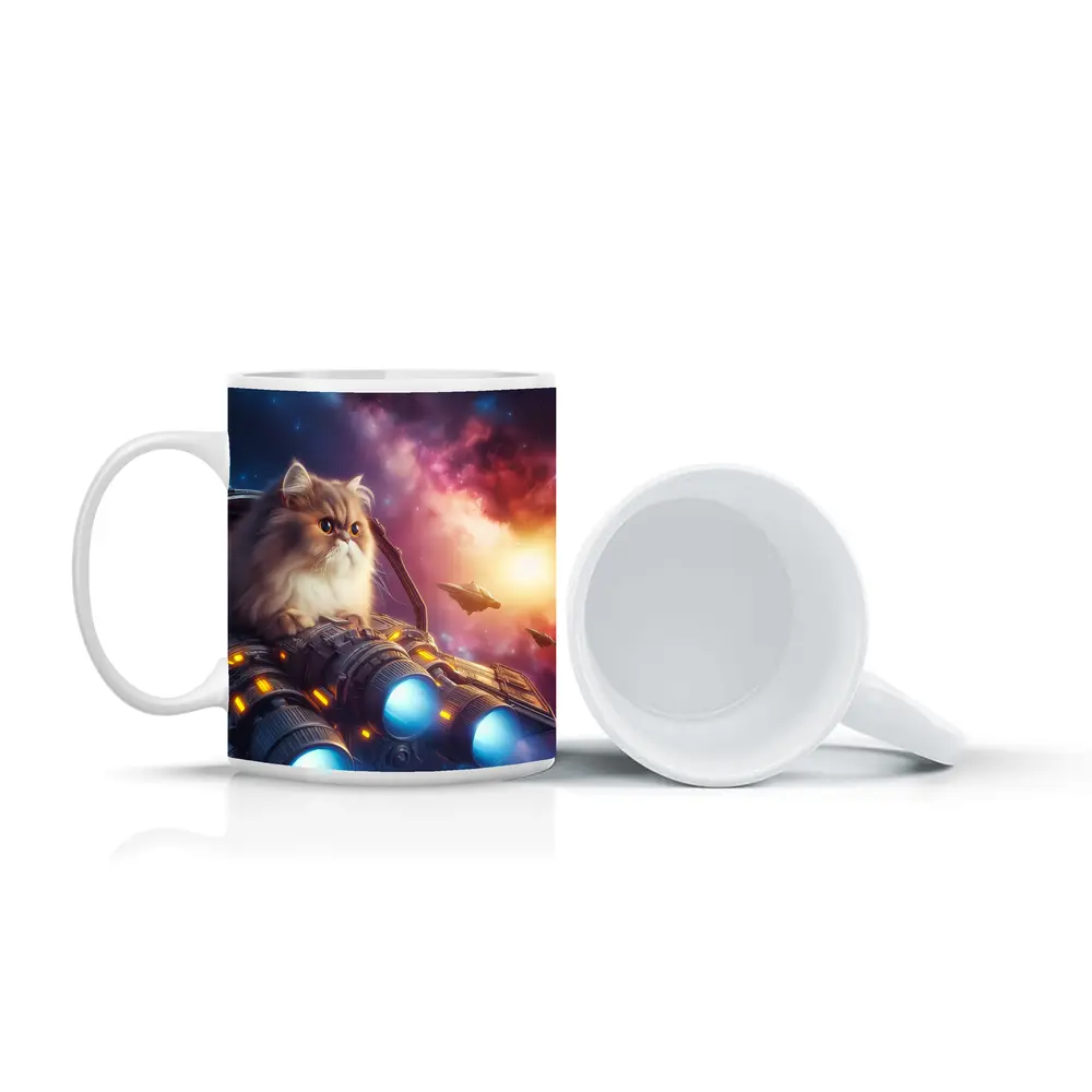 Persian Cat Riding Spaceship Galaxy Background – Mugs