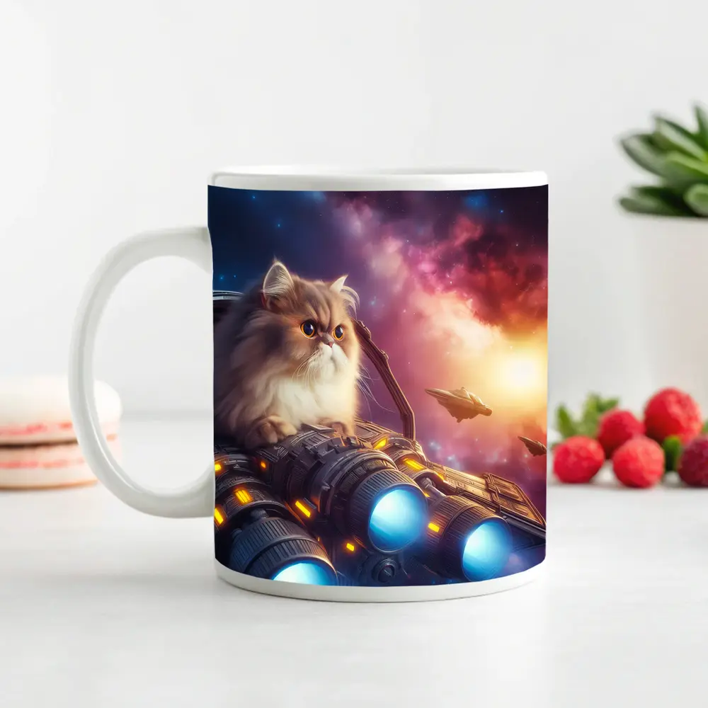 Persian Cat Riding Spaceship Galaxy Background – Mugs