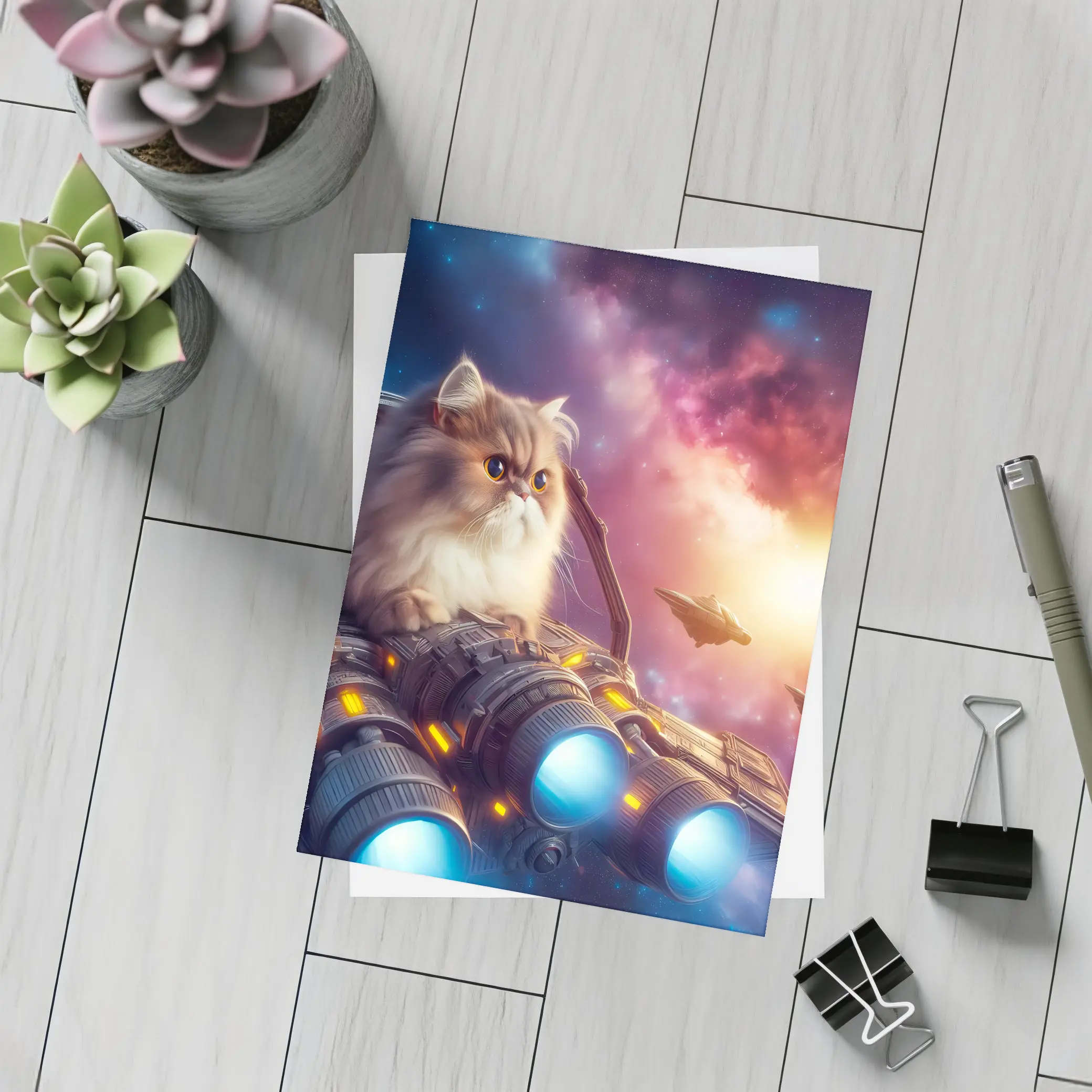 Persian Cat Riding Spaceship Galaxy Background – Postcards