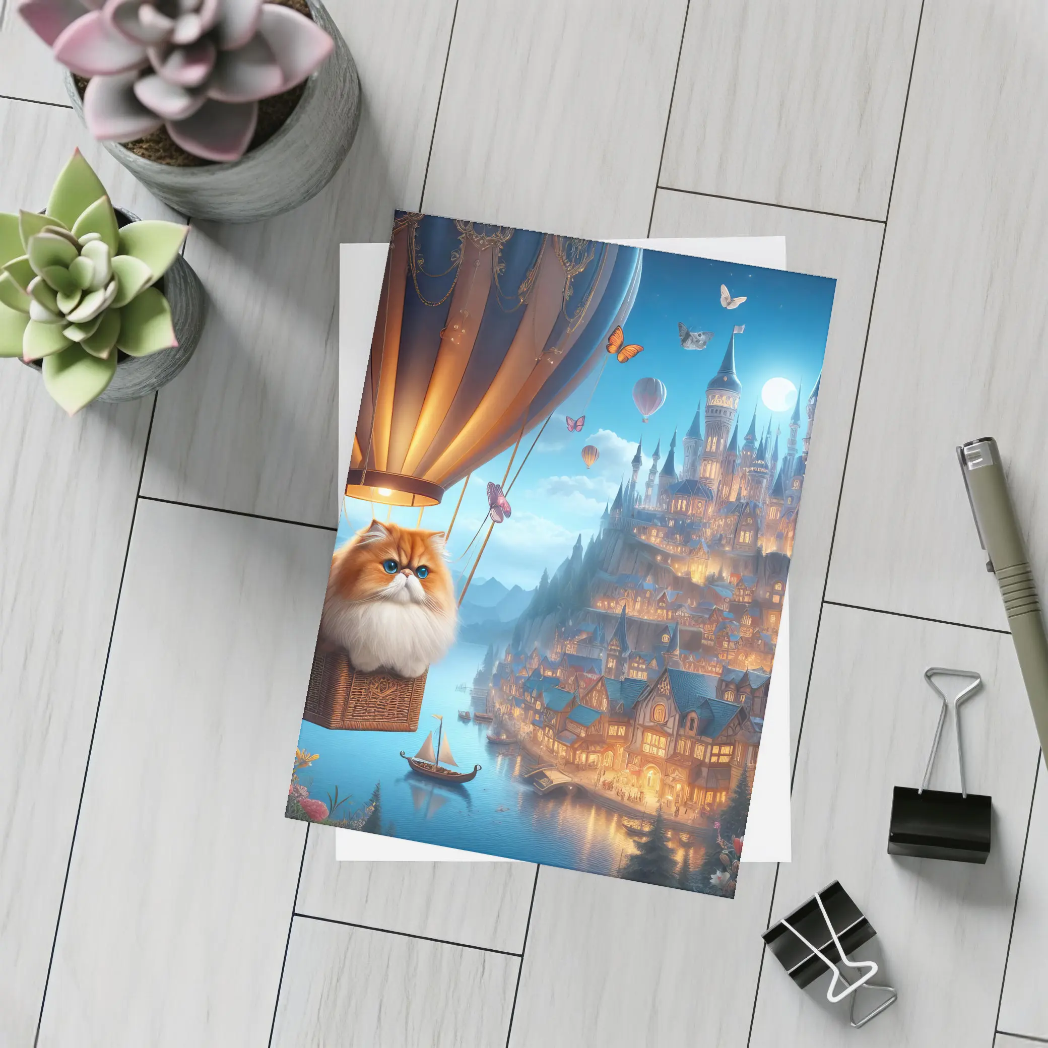 Persian Cat Hot Air Balloon Fantasy Castle – Postcards