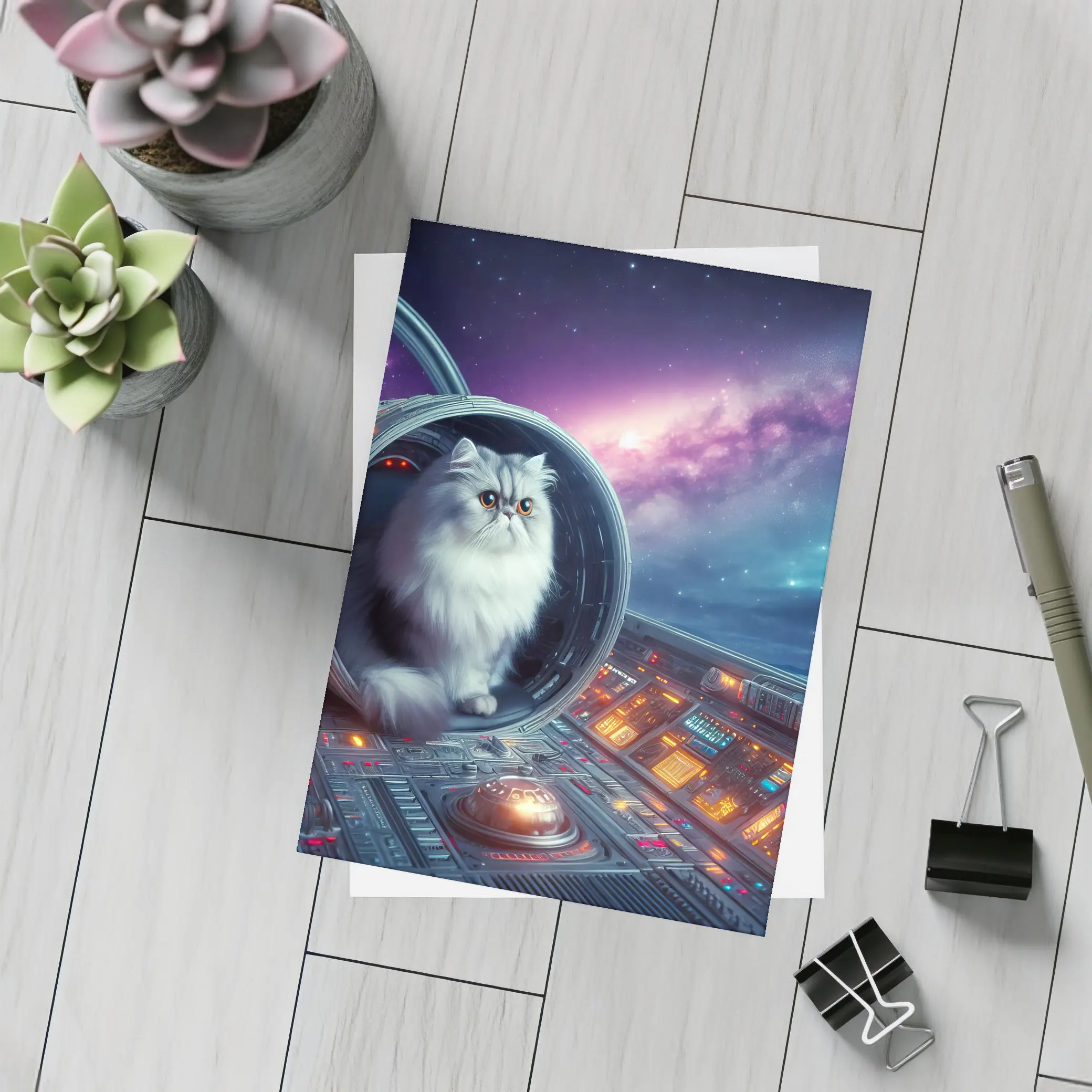 Persian Cat Inside Spaceship Cockpit Galaxy – Postcards
