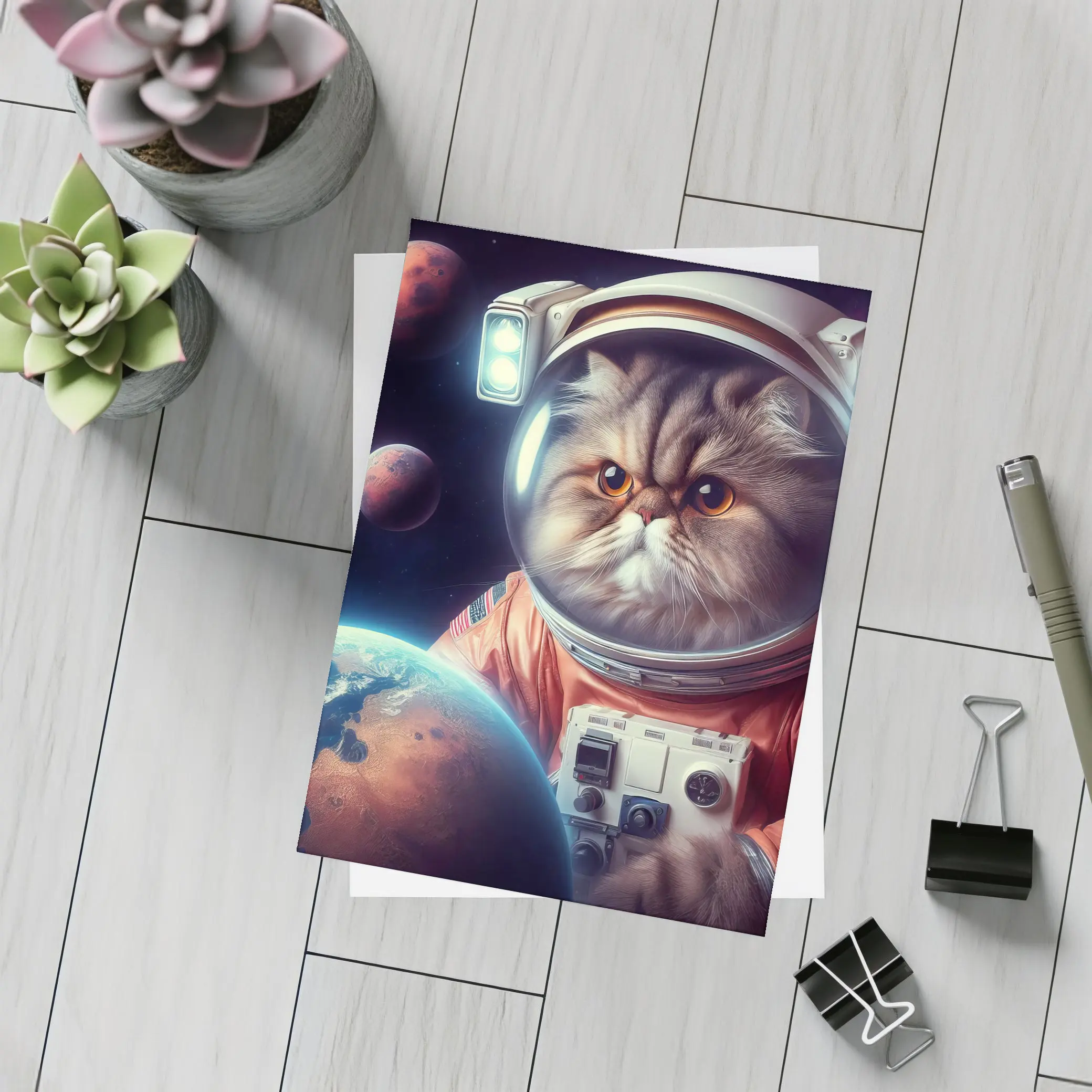 Persian Cat Astronaut Floating In Space – Postcards