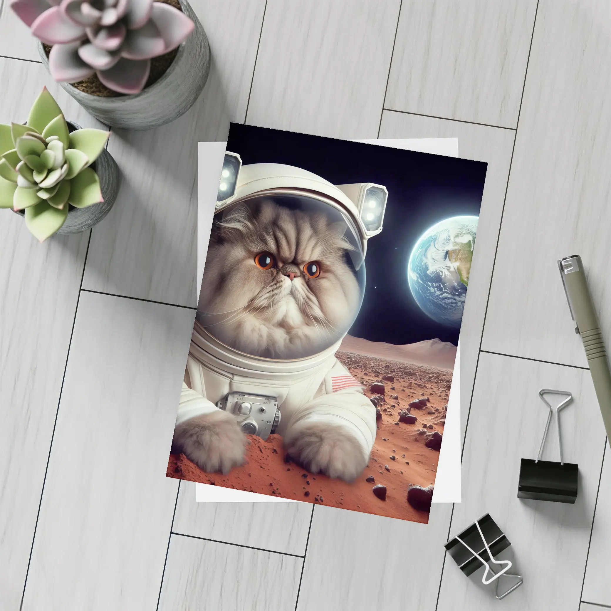 Persian Cat Astronaut On Mars Surface – Postcards