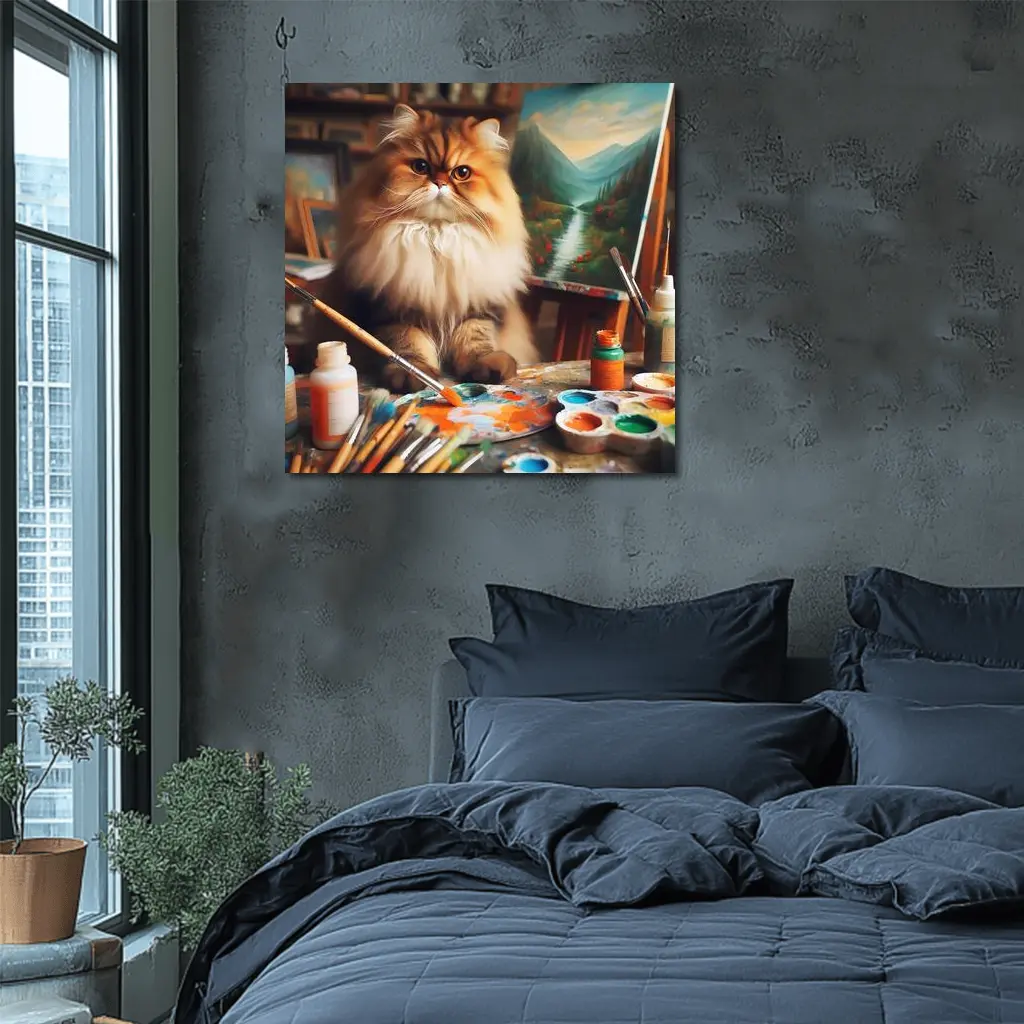 Persian Cat Artist Studio Painting Scene – Wall Art