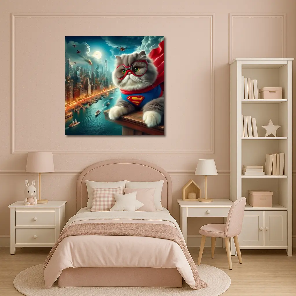 Persian Cat Superhero Over City Skyline – Wall Art