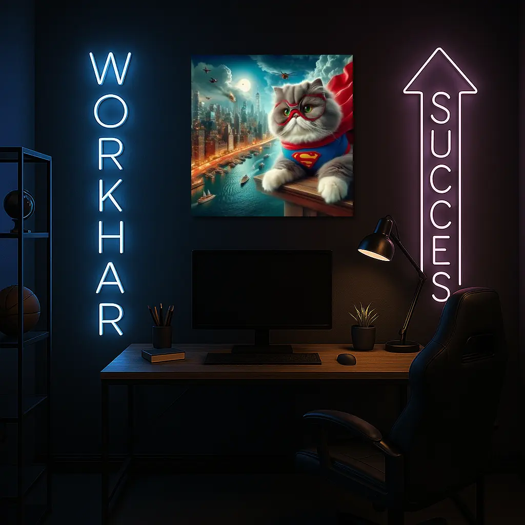 Persian Cat Superhero Over City Skyline – Wall Art