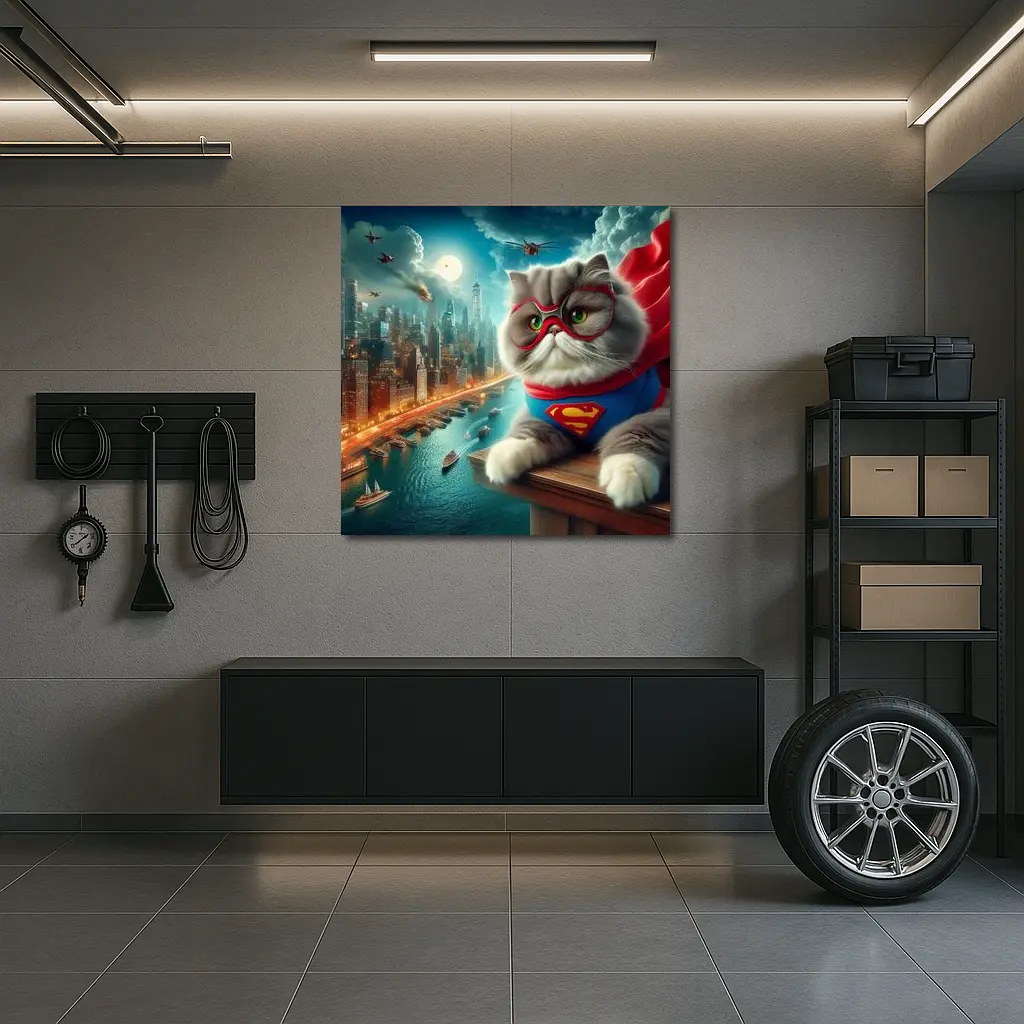 Persian Cat Superhero Over City Skyline – Wall Art