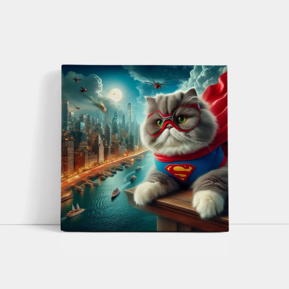Persian Cat Superhero Over City Skyline – Wall Art