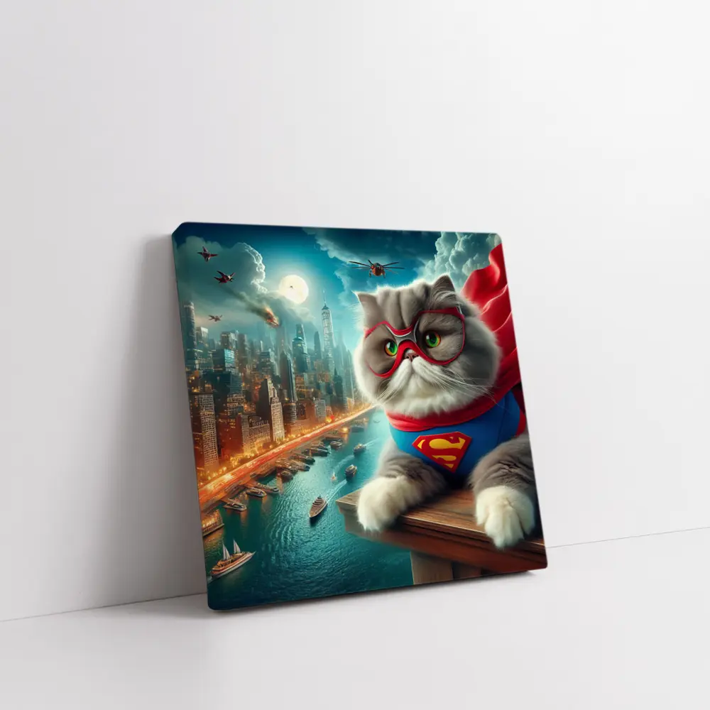 Persian Cat Superhero Over City Skyline – Wall Art