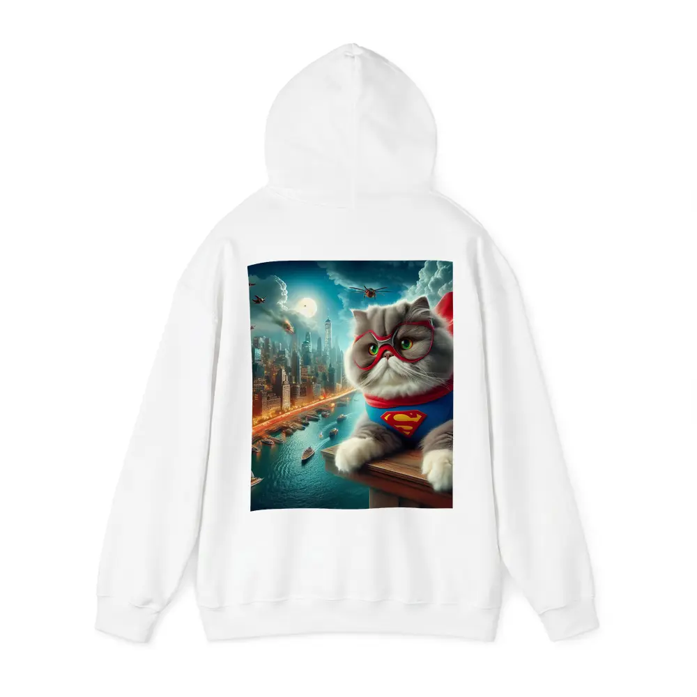 Persian Cat Superhero Over City Skyline – Hoodies