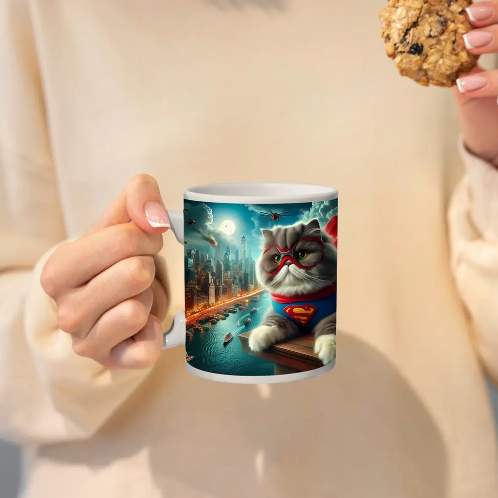 Persian Cat Superhero Over City Skyline – Mugs