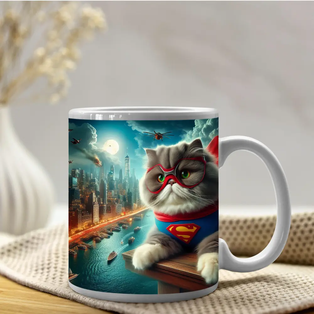 Persian Cat Superhero Over City Skyline – Mugs