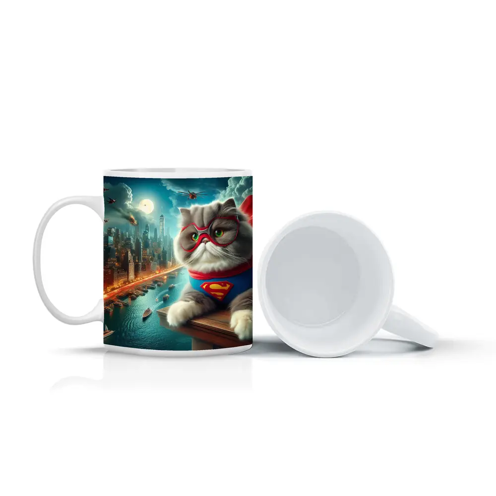 Persian Cat Superhero Over City Skyline – Mugs