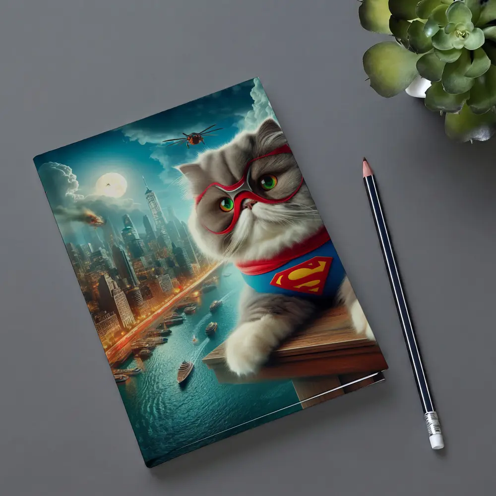 Persian Cat Superhero Over City Skyline – Notebooks