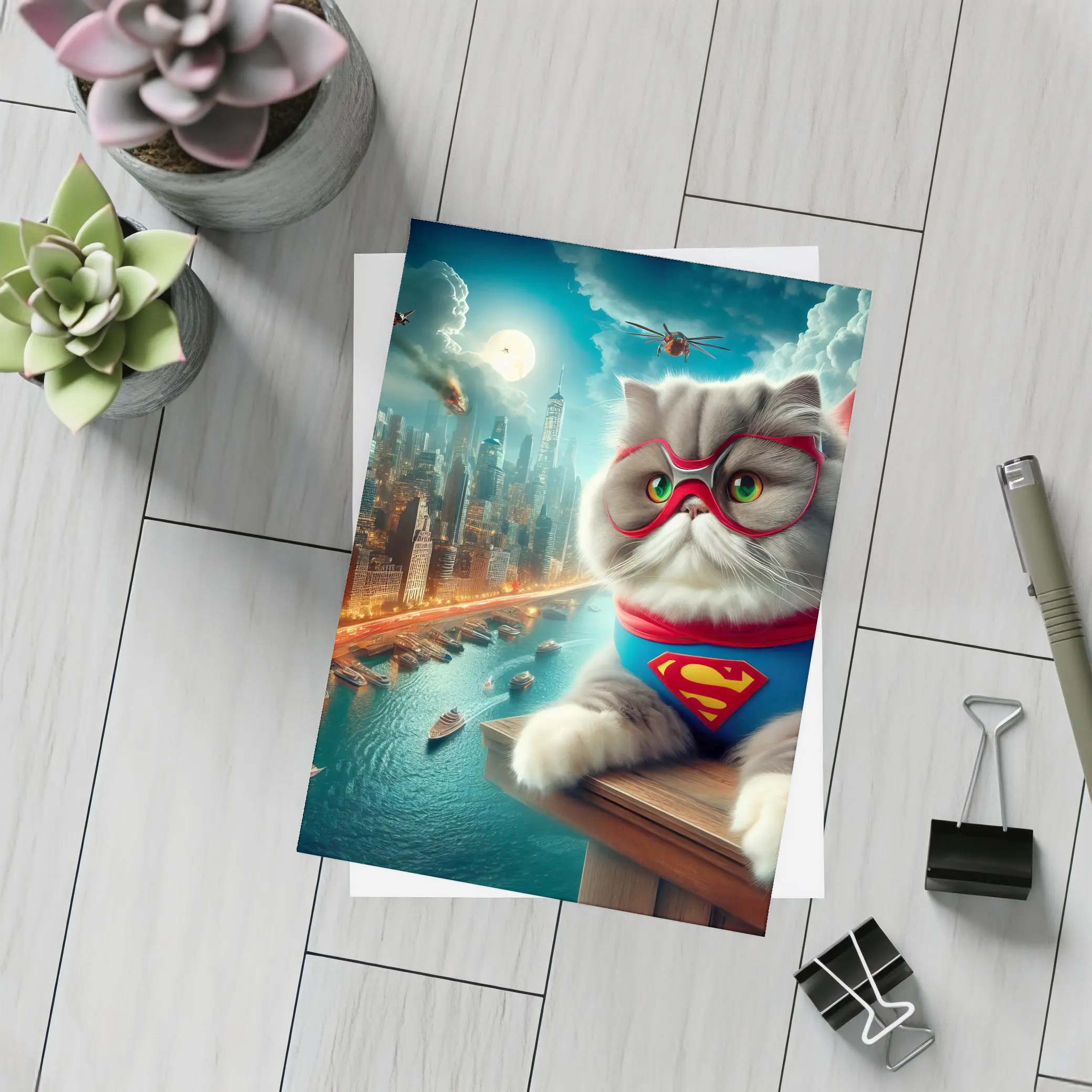 Persian Cat Superhero Over City Skyline – Postcards